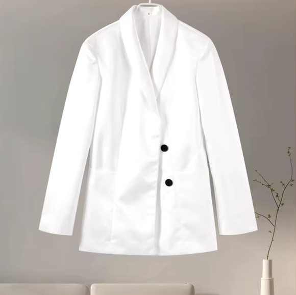 White Stand Collar Jacket Coat Double Pocket Elegant Socialite Women Cuff Button - Picture 9 of 15